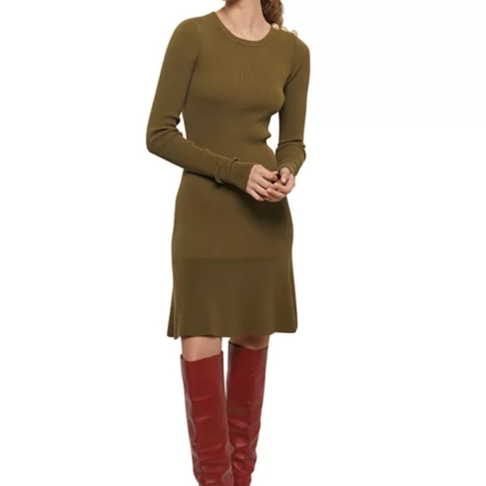 DEREK LAM 10 CROSBY Vanessa Ribbed Knit Flounce Dress In Olive Size Medium - Picture 2 of 15